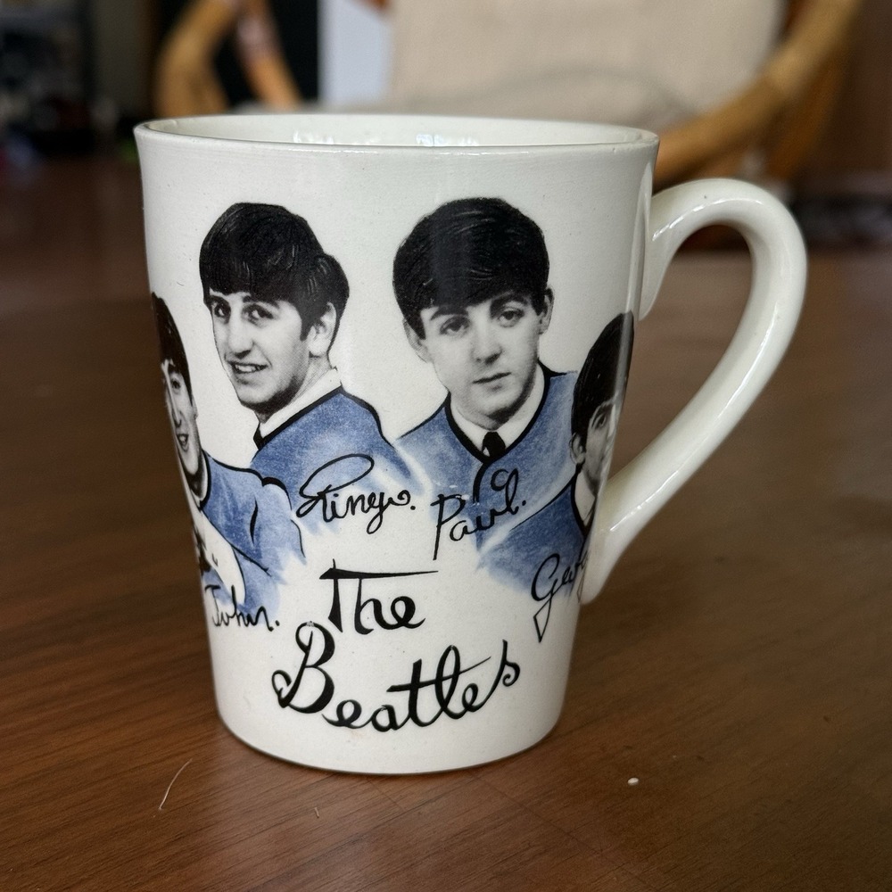 Vintage 1964 The Beatles Coffee Mug NEMS Blue Portraits Facsimile Signatures